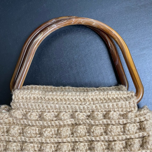 Vintage Crochet Bobble Popcorn Stitch Handbag Tan Tortoiseshell‎ Resin Handle - Picture 5 of 7